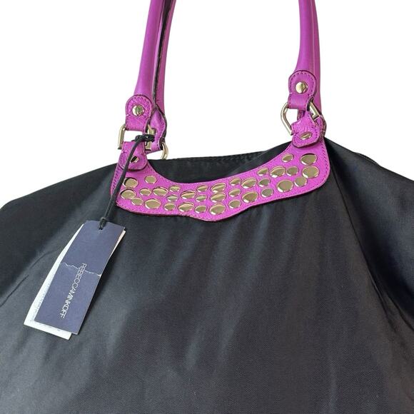 Rebecca Minkoff Womens Bag Purple Black Nylon Travel Tote with Studs New - Picture 5 of 13